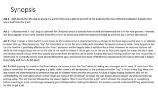 Synopsis
Act 3 - Beth looks after the dog by giving it a warm home and a bath to present to the audience the clear difference between a good home
and a bad home for a pet.
Act 1 - Chloe receives a “toy” dog as a present for Christmas and it is stressed how excited and interested she is in her new present. However,
she does appear to lose some interest when she returns to school and when her parents are back at work the toy is almost abandoned.
Act 2 – Paul receives a letter (which is not shown to the audience but is clearly bad news as shown by his facial expressions) and, in an attempt
to cheer him up, Chloe leaves the “toy” for him to find in his car for him to take with him when he leaves to drive to work. Once he gets in the
car it is clear he is positively affected by the “toy’s” presence and he happily takes it with him for a drive. However, he receives a phone call
while he is driving so stops the car on the side of the road to answer it. As he gets out of the car to find some signal, he leaves the door open
and the toy would fall out. With Paul clearly distressed from the phone call he doesn’t realise the toy is missing until further into his journey, in
which case he is already late for work (due to the phone call), and cannot turn back. With the toy abandoned by the side of the road it begins
to get dirty and starts to fall apart.
Act 3 – Beth is going for a walk in the forest where she comes across the “toy” which is looking very damaged and in need of some care. She
takes it home with her where she gives it a bath, in this scene it will be revealed to the audience that the “toy” is in fact a real dog. Here, the
dog will be fed and embraced to symbolise they are in a better home and that the animal has had a happy ending. However, this will be
contrasted by the end tagline which is that “Dog’s are not just for Christmas” to follow the well known phrase people say when considering
getting a dog. This will then be followed by the second tagline “Don’t treat them like a gift” which stresses the importance of considering
before investing in a pet, and through reviewing your lifestyle before making the decision the audience would understand if they would really
be able to get a pet.
 