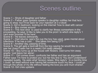 Scene 1 – Shots of daughter and father
Scene 2 – Father goes upstairs speaks to daughter notifies her that he’s
going to shop ‘but I’ll be back for your injection at 3 o’clock’
Scene 3- Girl in bedroom, looking on the internet ‘how to deal with cancer’
Scene 4 – Boy comes around
Scene 5 – The next shot is used to clarify her illness somewhere in the
proceeding, he says ‘id like to take you to the prom’ to which she reply's ‘I
cant even promise I’ll be here’.
Scene 6 – He leaves awkwardly.
Scene 7 – Dad returns: see’s the cup the boy has used, goes mental about
infections ‘If he has a cold..’. She takes him being OTT
Scene 8 – Another day, passing of time.
Scene 9- The girl gets a text/call from the boy saying he would like to come
see her (hasn’t seen her in a week) Girl really pleased.
Scene 10 – Boy turns up at the house with flowers. Dad turns him away
angrily ‘Just leave her alone’.
Scene 11 - Girl comes down, confronts her father and has an argument.
Father says ‘I’m here to protect you’ but her key line is ‘You don’t understand’
repeated quietly. ‘He asks what’ tension raises. She reply's ‘ In a months time
I could be dead without ever having felt someone touch my face. I could go
through the whole of my life without feeling the love you and mum shared’.
Scene 12- Girl cries upstairs
 