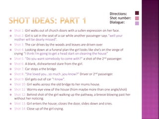  Shot 1: Girl walks out of church doors with a sullen expression on her face.
 Shot 2: Girl is sat in the seat of a car while another passenger says “well your
mother will be dearly missed”.
 Shot 3: The car drives by the woods and leaves are driven over
 Shot 4: Looking down at a funeral plan the girl looks like she’s on the verge of
crying “I think I’m going to get a head start on cleaning the house”
 Shot 5: “Do you want somebody to come with?” a shot of the 2nd passenger.
 Shot 6: A blank, disheartened stare from the girl.
 Shot 7: Car stops a the bridge.
 Shot 8: “She loved you…so much ,you know?” Driver or 2nd passenger.
 Shot 9: Girl gets out of car “I know”.
 Shot 10: Girl walks across the old bridge to her mums house.
 Shot 11: Worms-eye view of the house (from maybe more than one angle/shot)
 Shot 12: Behind shot of the girl walking up the pathway, a breeze blowing past her
without her noticing.
 Shot 13: Girl enters the house; closes the door, slides down and cries.
 Shot 14: Close up of the girl crying.
Directions:
Shot number:
Dialogue:
 