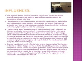  With regards to the films previously stated I will carry influence from the films William,
Everyday My dad dies and the Babadook. I will produce an individual analysis and
deconstruction of each of the films.
 The embodiment of grief stems much from ‘The Babadook’ as said film uses the Babadook
as a metaphor for the grief and anguish the mother feels, this is highly influential in the
production of my piece as a fully believe that introducing literary elements that I am familiar
with will exemplify the artistry and skill that I can display.
 The structure of ‘William’ will heavily influence my structure as the idea of story telling will
introduce an education element and thusly introduce innocence in the form of the learner
(my younger sister) This story telling element will however appear like poetic monologue
which exemplifies skill and literary essence. Furthermore the story of ‘William’ has a creepy
and very eerie tense scene in which the parents heads are being held around the doer in an
unnatural way, this has inspired me to use an unnatural focus around the character of grief
in order to display him as an antagonist with malevolent intent. The monologue itself will hit
every shot like two beats matching up.
 Everyday my dad dies is heavily influential in the sense of physical displays. The characters
in that film do not have dialogue and thus each shot shows that they are feeling an extreme
of a particular emotion. This film also explores grief and the lengthy extensive close up shots
have influenced my choice to solely explore grief artistically because of wide spectrum and
the ease of conveying. It should also be noted that I am extremely interested in the gritty
realism evoked by the use on a fuzzy camera to film the piece. The aspect ratio of 1.78: 1
intensifies the emotions connoted in the film.
 