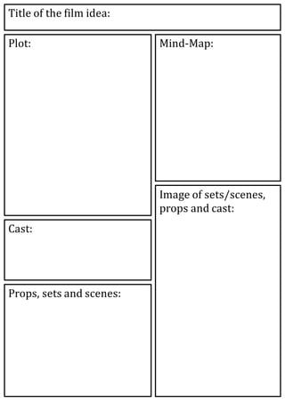Title of the film idea:
Plot: Mind-Map:
Cast:
Props, sets and scenes:
Image of sets/scenes,
props and cast:
 