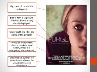 Big, clear picture of the
protagonist.
Size of font is large with
the short film title very
clearly displayed.
Underneath the title; the
name of the director.
Cross media & synergy: the
poster is print whereas the
website reference in
technological.
Production blurb; writers,
directors, makers, story
writers, directors of
photography, music directors.
 