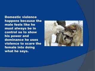 Domestic violence
happens because the
male feels like he
must always be in
control so to show
his power and
dominance he uses
violence to scare the
female into doing
what he says.
 
