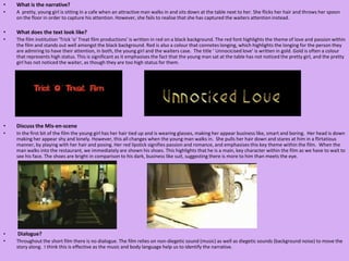 The film uses music and diegetic sound at the same time, which should make the film sound quiet busy, however it creates a peaceful atmosphere. Sound The film uses a voice over from the protagonist to really connect him with the audience, this encourages the audience to see things from Mitch’s perspective. The voiceover also gives the audience a lot of insight into the characters personality 