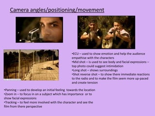 What is the framing like within the film?          At the beginning of Frendo the main character (the young boy) is always placed centrally within the frame emphasising his importance and significance within the short film. He is captured talking to people sitting behind his desk right in the middle of the screen. However, this changed after his deformity occurs. The background behind him differs from being in a house, to being at a travel agents or out on the town. The camera pretty much always follows him though as the story is about him.What type of editing and special effects are used? A lot of transitions are used throughout the film to try and show the progression of time passing by. This emphasises his boredom and the dullness of his workplace. In the city centre he sits down on a bench and all the people around him walk past at a much faster pace, once again emphasising his bored, slow lifestyle, in contrast to everyone else's exciting, thrilling lifestyle.  We do not hear the people in the background walking past, highlighting that he is in a world of his own. What is the mis-en-scene and location like?The film is located in the boys home, work and city where he lives so that we are familiar with all these aspects of his life. In his work, there are holiday posters placed all over the walls so that we know exactly what he works as – a travel agent.  The mis-en-scene within his house highlights typical household goods, emphasising the fact that this is just a normal day in the life of this boy. However, it is quite unrealistic how such a young couple live in such a large house. Is there any sound in this film?There is a lot of both, diegetic and non diegetic sound within this film. The music in the background the film (with the exception of when the main character is clubbing) is a sad slow piece of music. It has no particular climaxes to it at any point, it just makes us feel as though everything is going much slower than it should be and reflects his dull, unexciting lifestyle.  We also hear him talking to his characters (diegetic sound), and throwing up after his night out. The diegetic sounds that we can hear range from conversations, to partying to throwing up. 