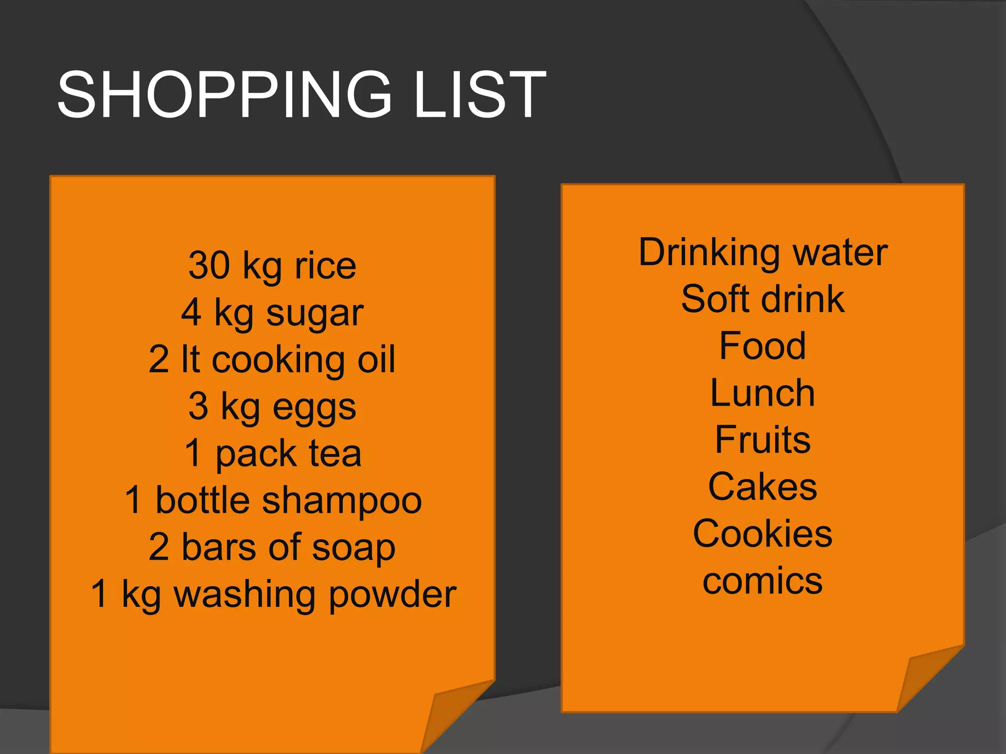 SHOPPING LIST30 kg rice4 kg sugar2 lt cooking oil3 kg eggs1 pack tea1 bottle shampoo2 bars of soap1 kg washing powderDrinking waterSoft drinkFoodLunchFruitsCakesCookiescomics