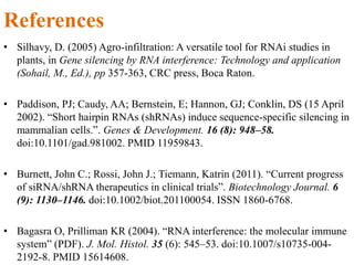 References
• Silhavy, D. (2005) Agro-infiltration: A versatile tool for RNAi studies in
plants, in Gene silencing by RNA interference: Technology and application
(Sohail, M., Ed.), pp 357-363, CRC press, Boca Raton.
• Paddison, PJ; Caudy, AA; Bernstein, E; Hannon, GJ; Conklin, DS (15 April
2002). “Short hairpin RNAs (shRNAs) induce sequence-specific silencing in
mammalian cells.”. Genes & Development. 16 (8): 948–58.
doi:10.1101/gad.981002. PMID 11959843.
• Burnett, John C.; Rossi, John J.; Tiemann, Katrin (2011). “Current progress
of siRNA/shRNA therapeutics in clinical trials”. Biotechnology Journal. 6
(9): 1130–1146. doi:10.1002/biot.201100054. ISSN 1860-6768.
• Bagasra O, Prilliman KR (2004). “RNA interference: the molecular immune
system” (PDF). J. Mol. Histol. 35 (6): 545–53. doi:10.1007/s10735-004-
2192-8. PMID 15614608.
 