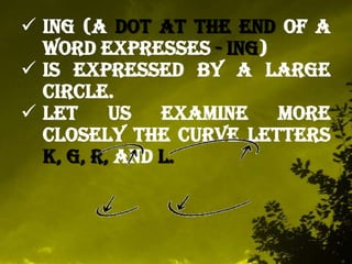  Ing (a DOT AT THE END of a
word expresses - ING)
Is expressed by a large
circle.
Let us examine more
closely the curve letters
K, G, R, and L.