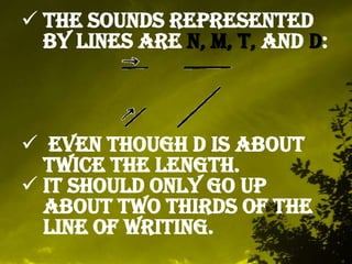  The sounds represented
by lines are N, M, T, and D:
Even though d is about
twice the length.
It should only go up
about two thirds of the
line of writing.