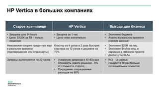 Старое хранилище HP Vertica Выгода для бизнеса
• Загрузка шла 14 hours
• Цена $120К за TB – только
лицензии
• Загрузка за 1 час
• Цена ниже значительно
• Экономия бюджета
• Анализ в реальном времени
(свежие данные)
Невозможен скоринг кредитных карт
в реальном времени
(подтверждение или отказ карты)
Кластер из 4 узлов в 2 раза быстрее
кластера из 12 узлов и дешевле на
70%
• Экономия $20М на лиц.
• Экономия $4М на лиц. и
серверах в смежном проекте
• Достигнуты SLAs
Запросы выполняются по 20 часов • Ускорение запросов в 40-80x раз
• Стоимость нового решения - 5%
от стоимости старого
• Сокрадение операционных
расходов на 90%
• ROI - 3 месяцв
• Находят в 10 раз больше
потенциальных клиентов
HP Vertica в больших компаниях
 