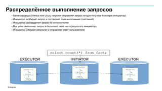Распределённое выполнение запросов
– Балансировщик (Vertica или Linux) нагрузки отправляет запрос на один из узлов кластера (инициатор)
– Инициатор разбирает запрос и составляет план выполнения (cost-based)
– Инициатор распределяет запрос по исполнителям
– Все узлы выполняет запрос и посылают свою часть результата инициатору
– Инициатор собирает результат и отправляет ответ пользователю
 