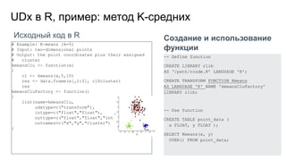 Исходный код в R
UDx в R, пример: метод K-средних
# Example: K-means (k=5)
# Input: two-dimensional points
# Output: the point coordinates plus their assigned
# cluster
kmeansClu <- function(x)
{
cl <- kmeans(x,5,10)
res <- data.frame(x[,1:2], cl$cluster)
res
kmeansCluFactory <- function()
{
list(name=kmeansClu,
udxtype=c("transform"),
intype=c("float","float"),
outtype=c("float","float","int"),
outnames=c("x","y","cluster") )
}
Создание и использование
функции
-- Define function
CREATE LIBRARY rlib
AS ‘/path/rcode.R’ LANGUAGE 'R';
CREATE TRANSFORM FUNCTION Kmeans
AS LANGUAGE 'R' NAME 'kmeansCluFactory'
LIBRARY rlib;
-- Use function
CREATE TABLE point_data (
x FLOAT, y FLOAT );
SELECT Kmeans(x, y)
OVER() FROM point_data;
 