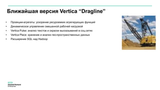 Ближайшая версия Vertica “Dragline”
FY14 FY15
• Проекции-агрегаты: ускорение ресуроемких агрегирующих функций
• Динамическое управление смешанной рабочей нагрузкой
• Vertica Pulse: анализ текстов и окраски высказываний в соц.сетях
• Vertica Place: хранение и анализ гео-пространственных данных
• Расширение SQL над Hadoop
 