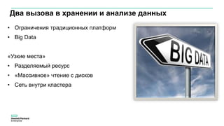 • Ограничения традиционных платформ
• Big Data
«Узкие места»
• Разделяемый ресурс
• «Массивное» чтение с дисков
• Сеть внутри кластера
Два вызова в хранении и анализе данных
 