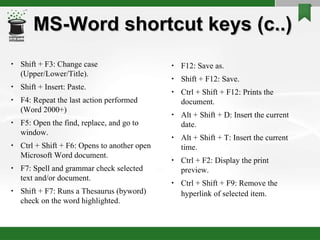 MS-Word shortcut keys (c..) Shift + F3: Change case (Upper/Lower/Title).  Shift + Insert: Paste.  F4: Repeat the last action performed (Word 2000+)  F5: Open the find, replace, and go to window.  Ctrl + Shift + F6: Opens to another open Microsoft Word document.  F7: Spell and grammar check selected text and/or document.  Shift + F7: Runs a Thesaurus (byword) check on the word highlighted. F12: Save as.  Shift + F12: Save.  Ctrl + Shift + F12: Prints the document.  Alt + Shift + D: Insert the current date.  Alt + Shift + T: Insert the current time.  Ctrl + F2: Display the print preview.  Ctrl + Shift + F9: Remove the hyperlink of selected item.   