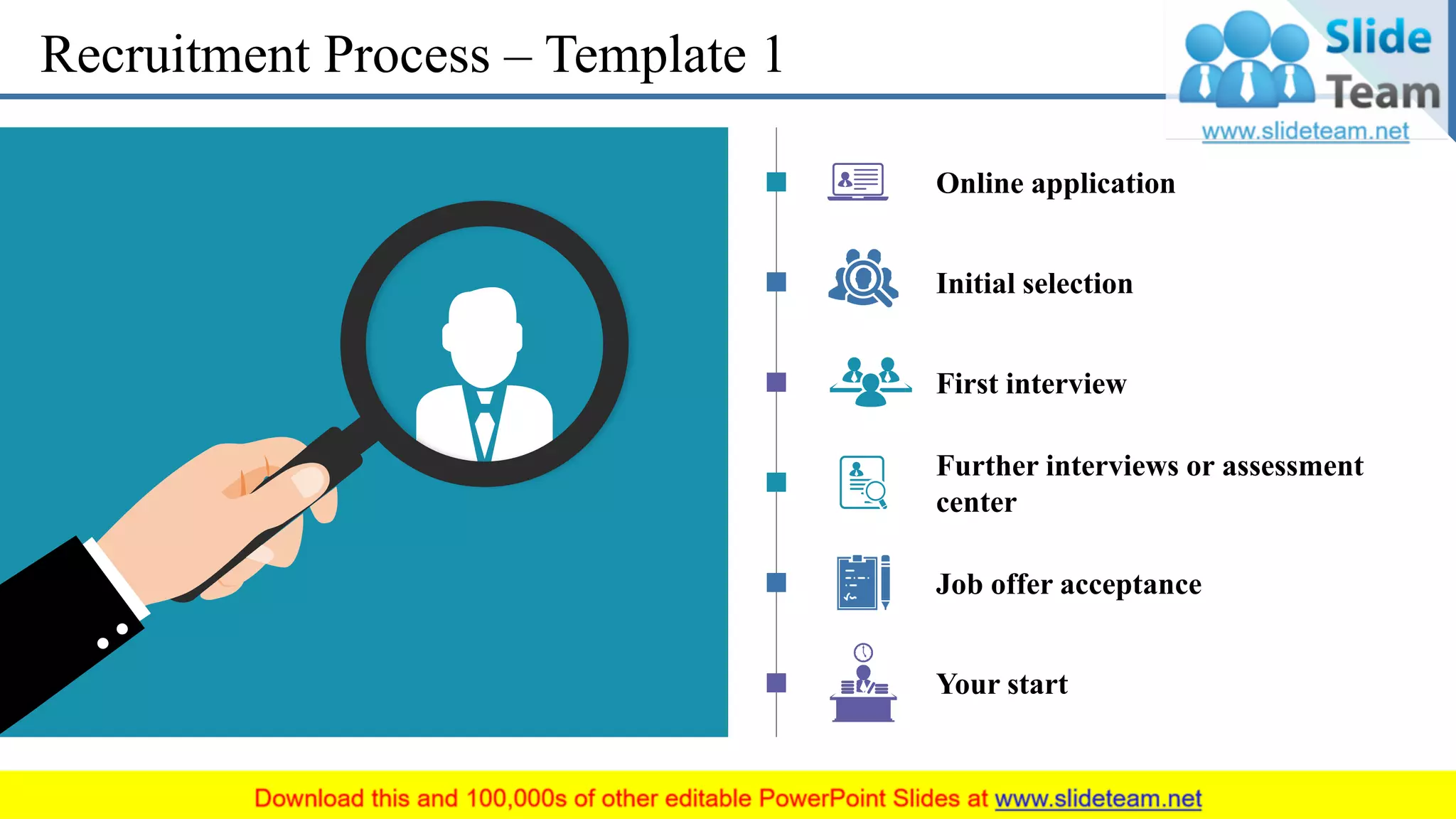 Recruitment Process – Template 1
First interview
Initial selection
Online application
Further interviews or assessment
center
Job offer acceptance
Your start
8
 