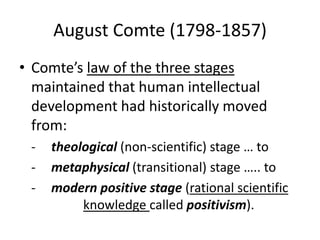 August Comte (1798-1857)
• Comte’s law of the three stages
maintained that human intellectual
development had historically moved
from:
- theological (non-scientific) stage … to
- metaphysical (transitional) stage ….. to
- modern positive stage (rational scientific
knowledge called positivism).
 