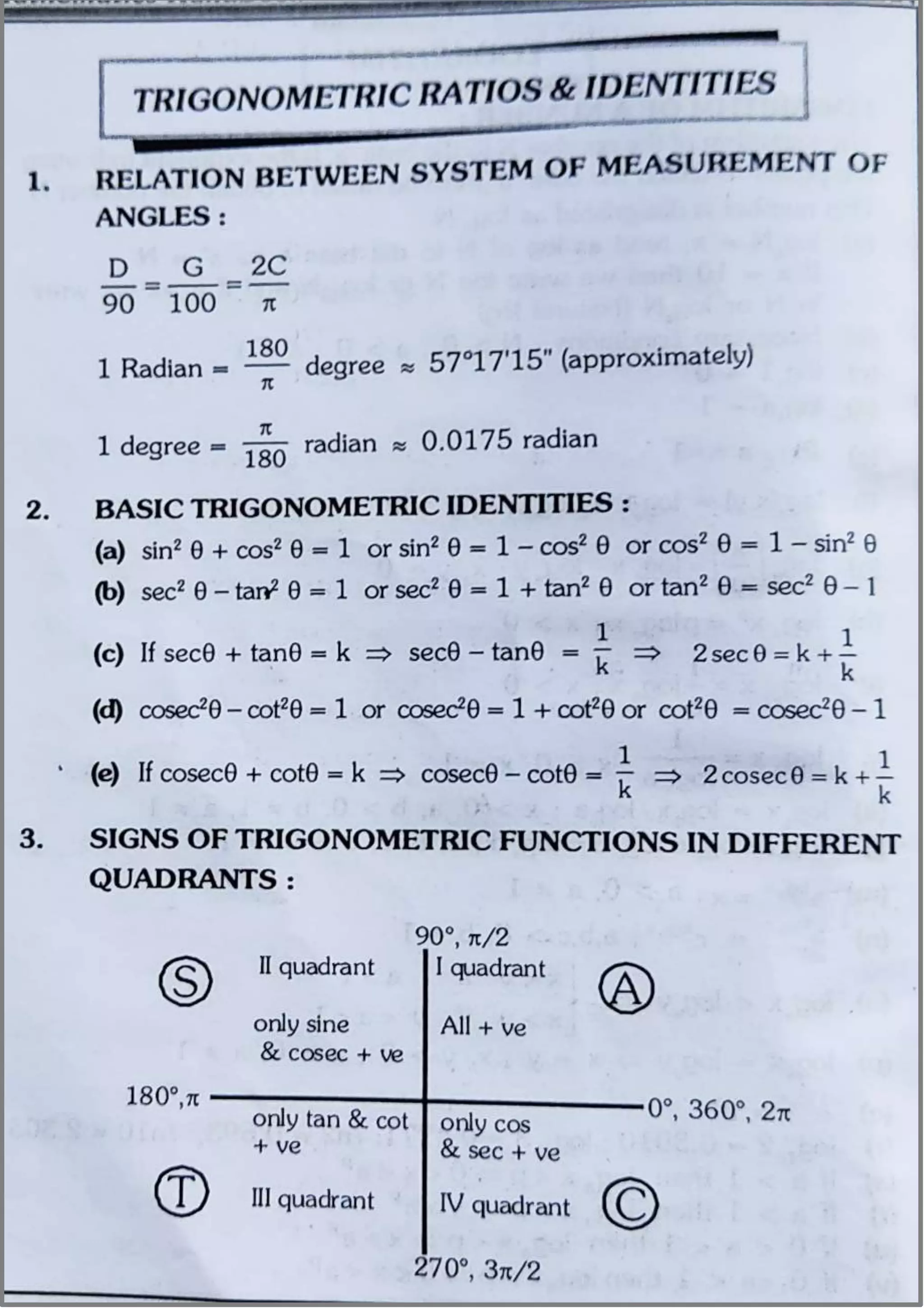 Short Notes for Trigonometric ratios and identities with formula and ...