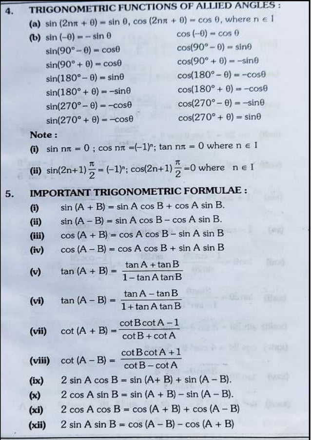 Short Notes for Trigonometric ratios and identities with formula and ...