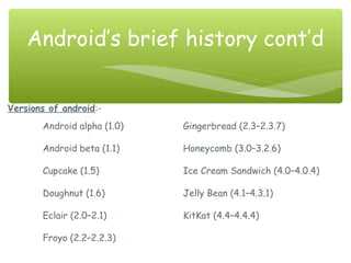 Versions of android:-
Android alpha (1.0) Gingerbread (2.3–2.3.7)
Android beta (1.1) Honeycomb (3.0–3.2.6)
Cupcake (1.5) Ice Cream Sandwich (4.0–4.0.4)
Doughnut (1.6) Jelly Bean (4.1–4.3.1)
Eclair (2.0–2.1) KitKat (4.4–4.4.4)
Froyo (2.2–2.2.3)
Android’s brief history cont’d
 