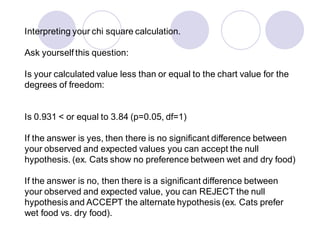 Interpreting your chi square calculation.
Ask yourself this question:
Is your calculated value less than or equal to the chart value for the
degrees of freedom:
Is 0.931 < or equal to 3.84 (p=0.05, df=1)
If the answer is yes, then there is no significant difference between
your observed and expected values you can accept the null
hypothesis. (ex. Cats show no preference between wet and dry food)
If the answer is no, then there is a significant difference between
your observed and expected value, you can REJECT the null
hypothesis and ACCEPT the alternate hypothesis (ex. Cats prefer
wet food vs. dry food).
 