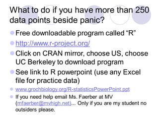 What to do if you have more than 250
data points beside panic?
⚫Free downloadable program called “R”
⚫http://www.r-project.org/
⚫Click on CRAN mirror, choose US, choose
UC Berkeley to download program
⚫See link to R powerpoint (use any Excel
file for practice data)
⚫ www.grochbiology.org/R-statisticsPowerPoint.ppt
⚫ If you need help email Ms. Faerber at MV
(mfaerber@mvhigh.net)... Only if you are my student no
outsiders please.
 