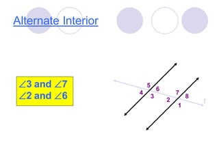 Alternate Interior
3 and 7
2 and 6
1
2
3
4
5
6
7
8
t
 