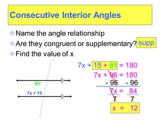 Consecutive Interior Angles
⚫Name the angle relationship
⚫Are they congruent or supplementary?
⚫Find the value of x
81
t
7x + 15
supp
7x = 84
7 7
x = 12
7x + 96 = 180
- 96 - 96
7x + 15 + 81 = 180
 