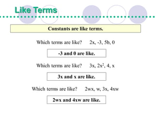 Like Terms
Constants are like terms.
Which terms are like? 2x, -3, 5b, 0
-3 and 0 are like.
Which terms are like? 3x, 2x2, 4, x
3x and x are like.
Which terms are like? 2wx, w, 3x, 4xw
2wx and 4xw are like.
 