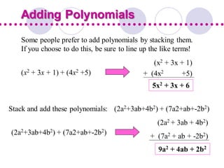 Some people prefer to add polynomials by stacking them.
If you choose to do this, be sure to line up the like terms!
Adding Polynomials
(x2 + 3x + 1) + (4x2 +5)
5x2 + 3x + 6
(x2 + 3x + 1)
+ (4x2 +5)
Stack and add these polynomials: (2a2+3ab+4b2) + (7a2+ab+-2b2)
(2a2+3ab+4b2) + (7a2+ab+-2b2)
(2a2 + 3ab + 4b2)
+ (7a2 + ab + -2b2)
9a2 + 4ab + 2b2
 