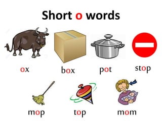 Short o words
ox box pot stop
mop top mom
 