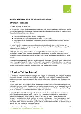 Advatera. Network for Digital and Communication Managers 
Intranet Acceptance 
by Volker Grünauer on 06/08/2014 
An intran...