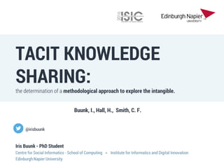 TACIT KNOWLEDGE
SHARING:
the determination of a methodological approach to explore the intangible.
Iris Buunk - PhD Student
Centre for Social Informatics - School of Computing ● Institute for Informatics and Digital Innovation
Edinburgh Napier University
Buunk, I., Hall, H., Smith, C. F.
@irisbuunk
 