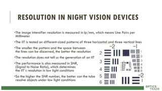 RESOLUTION IN NIGHT VISION DEVICES
•The image intensifier resolution is measured in lp/mm, which means Line Pairs per
Millimeter
•The IIT is tested on different-sized patterns of three horizontal and three vertical lines
•The smaller the pattern and the space between
the lines can be discerned, the better the resolution
•The resolution does not tell us the generation of an IIT
•The performance is also measured in SNR,
(Signal to Noise Ratio), which determines
the IIT´s resolution in low light conditions
•So the higher the SNR number, the better can the tube
resolve objects under low light conditions
 