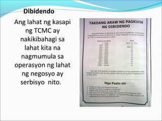 Dibidendo
Ang lahat ng kasapi
ng TCMC ay
nakikibahagi sa
lahat kita na
nagmumula sa
operasyon ng lahat
ng negosyo ay
serbisyo nito.

 