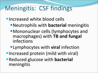 Meningitis:  CSF findings Increased white blood cells  Neutrophils with  bacterial  meningitis Mononuclear cells (lymphocytes and macrophages) with  TB and fungal  infections Lymphocytes with  viral  infection Increased protein (mild with viral) Reduced glucose with  bacterial  meningitis 