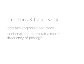 limitations & future work
only two snapshots: add more
additional (non-structural) variables
(frequency of posting?)
 