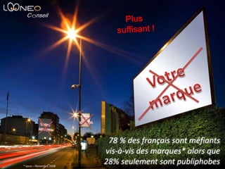 Plus suffisant !Votre marqueVotre marqueVotre marque78 % des français sont méfiants vis-à-vis des marques* alors que 28% seulement sont publiphobes* Ipsos – Novembre 2008 