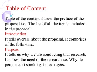 Table of Content
Table of the content shows the preface of the
proposal i.e. The list of all the items included
in the proposal.
Introduction
It tells overall about the proposal. It comprises
of the following.
Purpose
It tells us why we are conducting that research.
It shows the need of the research i.e. Why do
people start smoking in teenagers.
 
