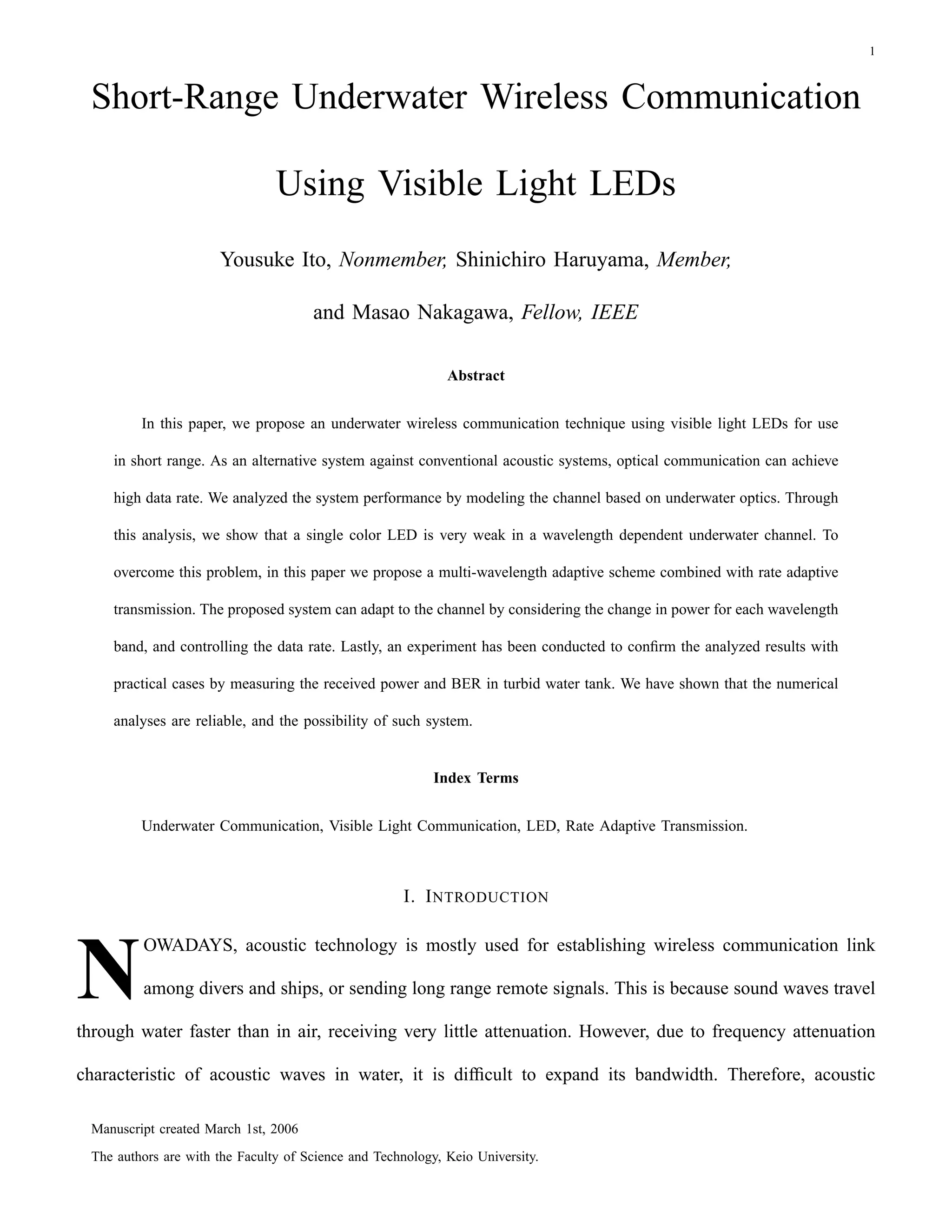 Short Range Underwater Communication Using Visible Led