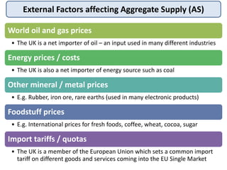 External Factors affecting Aggregate Supply (AS)
World oil and gas prices
• The UK is a net importer of oil – an input used in many different industries
Energy prices / costs
• The UK is also a net importer of energy source such as coal
Other mineral / metal prices
• E.g. Rubber, iron ore, rare earths (used in many electronic products)
Foodstuff prices
• E.g. International prices for fresh foods, coffee, wheat, cocoa, sugar
Import tariffs / quotas
• The UK is a member of the European Union which sets a common import
tariff on different goods and services coming into the EU Single Market
 