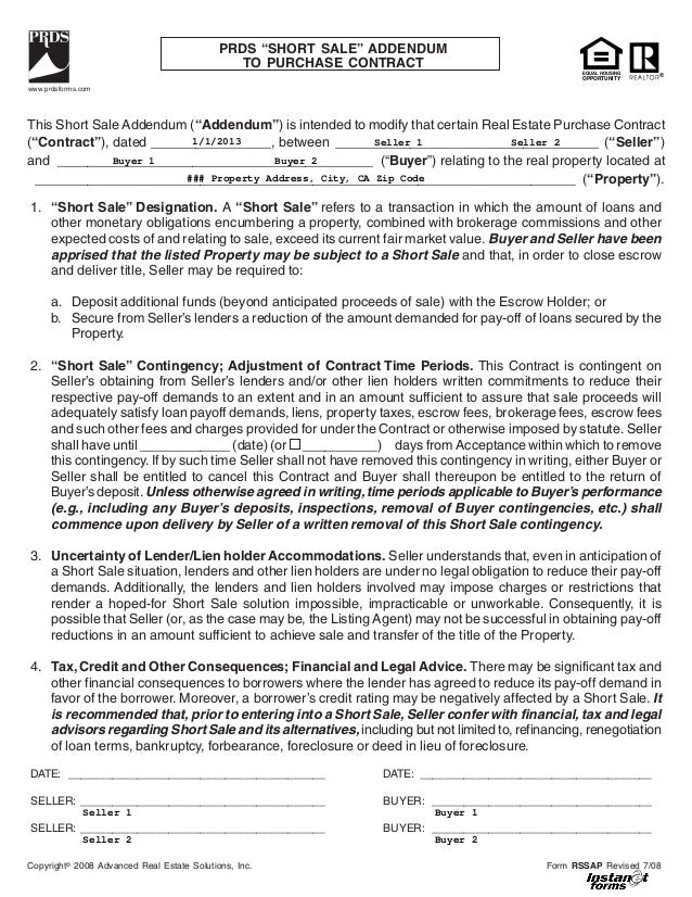 short sale addendum to purchase contract rssap real estate addendum form
