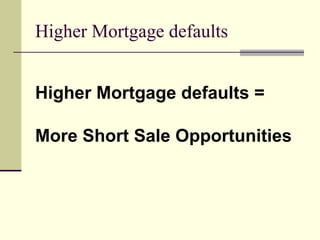 Higher Mortgage defaults Higher Mortgage defaults = More Short Sale Opportunities 