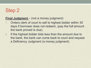 Step 2
Final Judgment – (not a money judgment)
1. Orders clerk of court to sell to highest bidder within 30
   days if borrower does not redeem, (pay the full amount
   the bank proved is due).
2. If the highest bidder bids less than the amount due to
   the bank, the bank can come back to court and request
   a Deficiency Judgment (a money judgment).
 