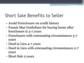 Short Sale Benefits to SellerAvoid Foreclosure on credit historyFannie Mae Guidelines for buying home after foreclosure is 5-7 yearsForeclosure with extenuating circumstances 3-7 yearsDeed in Lieu 4-7 yearsDeed in Lieu with extenuating circumstances 2-7 yearsShort Sale 2 years