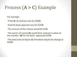 Process (A > C) Example
 For example:
 •If the B > C contract was for $160k
 •And the bank approval was for $150k
 •The amount of the release would be $10k
 •The owner of record (A) would then contract in place of
 the investor (B) for the bank- approved $150k
 •The total price to Buyer (C) therefore would not change at
 $160k
 