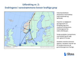 Utfordring nr. 2:Endringene i varestrømmene krever kraftige grepIndustriproduktene eksporteres med bulkskiplangs Vestlandet og Sørlandet.Importen av dagligvarerog engrosvarer av forskjellig slag (som maskiner) transporterestil Osloregionen for videre distribusjon.Ferske produkter transporteresmed lastebil (og litt tog), inkl. sjømat til Europa.Handelen med Kina kommer sjøveien. Handelen med de nyeEU-landene kommer pågummihjul gjennom Sverige.