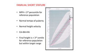 FAMILIAL SHORT STATURE
• MPH < 3rd percentile for
reference population
• Normal tempo of puberty
• Normal height velocity
• CA=BA>HA
• Final height is < 3rd centile
for reference population
but within target range
 