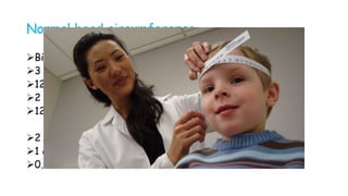 Normal head circumference
Birth – 35 cm
3 months – 40 cm
12 months – 45 cm
2 years – 48 cm
12 years – 52 cm
2 cm / month in 1st 3 months
1 cm / month in next 3 months
0.5 cm / month in 6 months
 