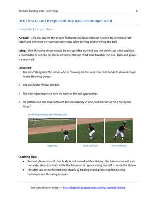 Ultimate Fielding Drills - Shortstop 8
See these drills on video --> http://baseball-practice-plans.com/p/upgrade-fielding
Drill #6: Cutoff Responsibility and Technique Drill
Complete 10 repetitions
Purpose: This drill covers the proper footwork and body rotation needed to perform a fast
cutoff and eliminate any unnecessary steps while turning and throwing the ball.
Setup: One throwing player should be set up in the outfield and the shortstop in his position.
A teammate or net can be placed at home plate or third base to catch the ball. Balls and gloves
are required.
Execution:
1. The shortstop faces the player who is throwing to him and raises his hands to show a target
to the throwing player.
2. The outfielder throws the ball.
3. The shortstop begins to turn his body as the ball approaches.
4. He catches the ball and continues to turn his body in one fluid motion so he is facing his
target.
Coaching Tips:
 Remind players that if their body is not turned while catching, the baserunner will gain
two extra steps (six feet) while the baseman is repositioning himself to make the throw.
 This drill can be performed individually by holding a ball, practicing the turning
technique and throwing to a net.
Target Box Catch and Turn Turn and Throw
Cutoff Responsibility and Technique Drill
 